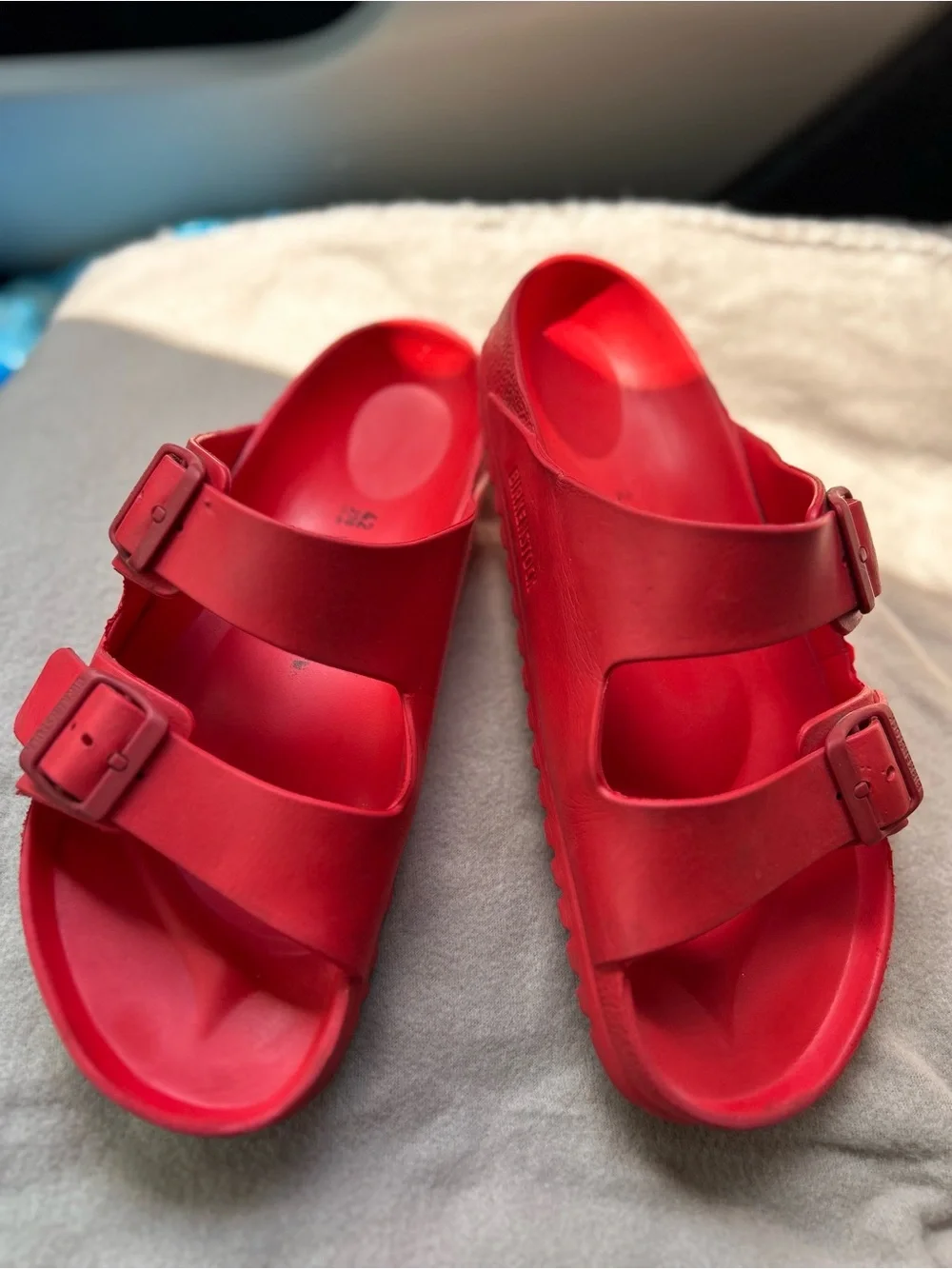 Mens Birkenstock Arizona EVA is Red Dual-Buckle Slide Sandals size 9 / ladies 11